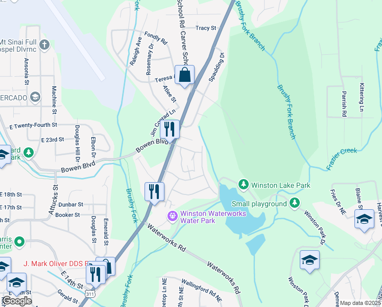 map of restaurants, bars, coffee shops, grocery stores, and more near 301 Walkertown Avenue in Winston-Salem