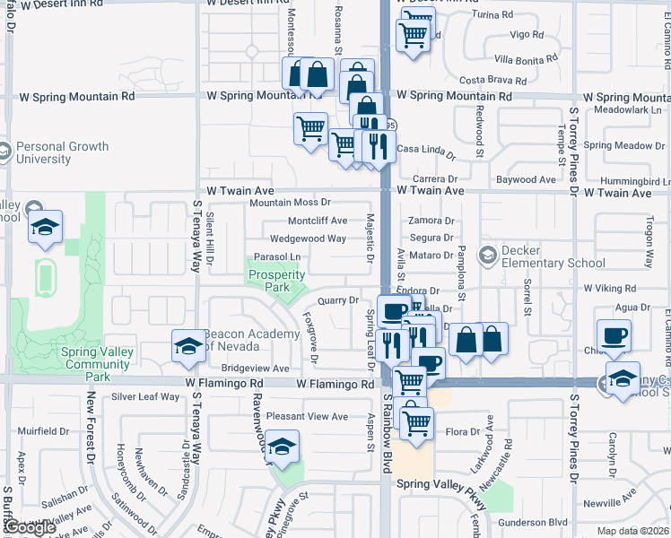 map of restaurants, bars, coffee shops, grocery stores, and more near 7000 Paddington Way in Las Vegas
