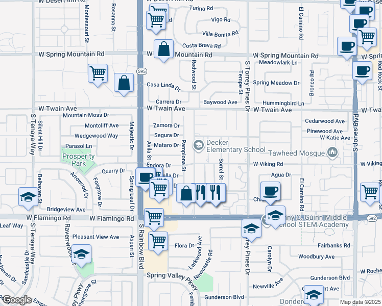 map of restaurants, bars, coffee shops, grocery stores, and more near 3857 Redwood Street in Las Vegas
