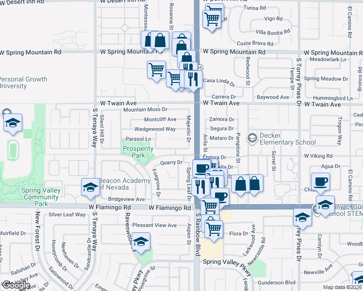 map of restaurants, bars, coffee shops, grocery stores, and more near 6989 Paddington Way in Las Vegas
