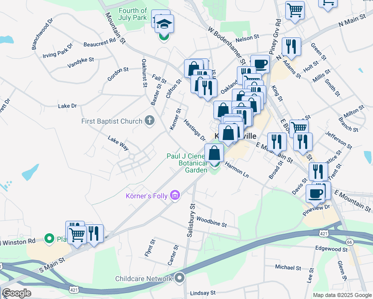 map of restaurants, bars, coffee shops, grocery stores, and more near 208 Oakhurst Street in Kernersville