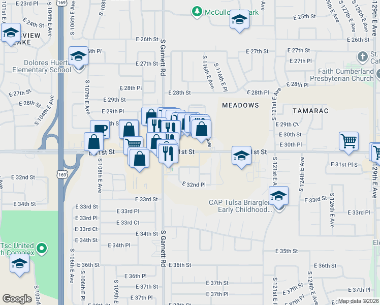 map of restaurants, bars, coffee shops, grocery stores, and more near 11360 E 31st St in Tulsa