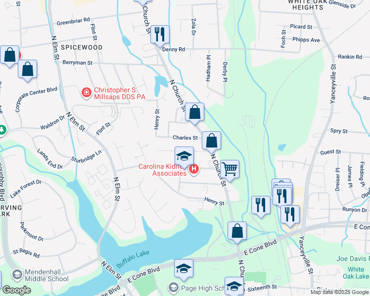 map of restaurants, bars, coffee shops, grocery stores, and more near 225 Bond Street in Greensboro