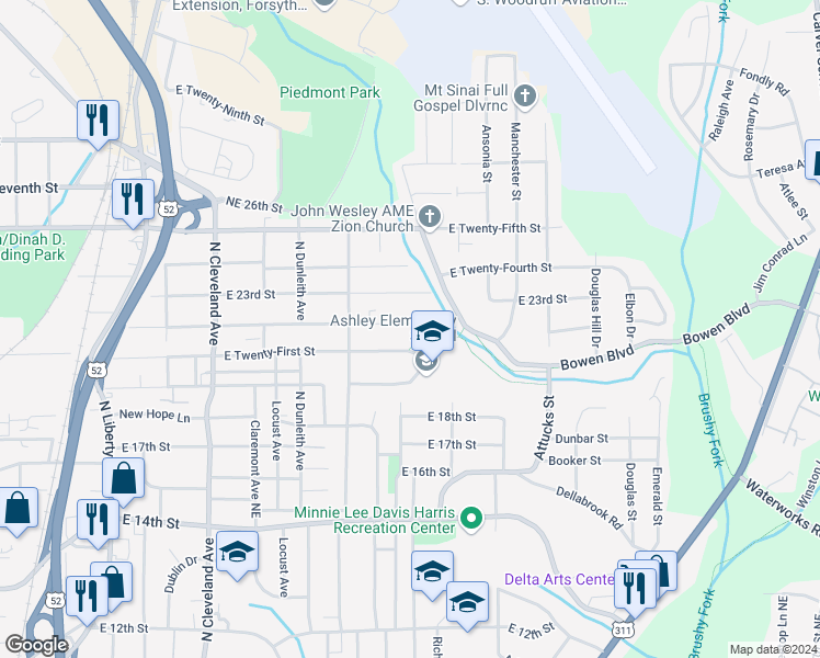 map of restaurants, bars, coffee shops, grocery stores, and more near 1650 Northeast 22nd Street in Winston-Salem