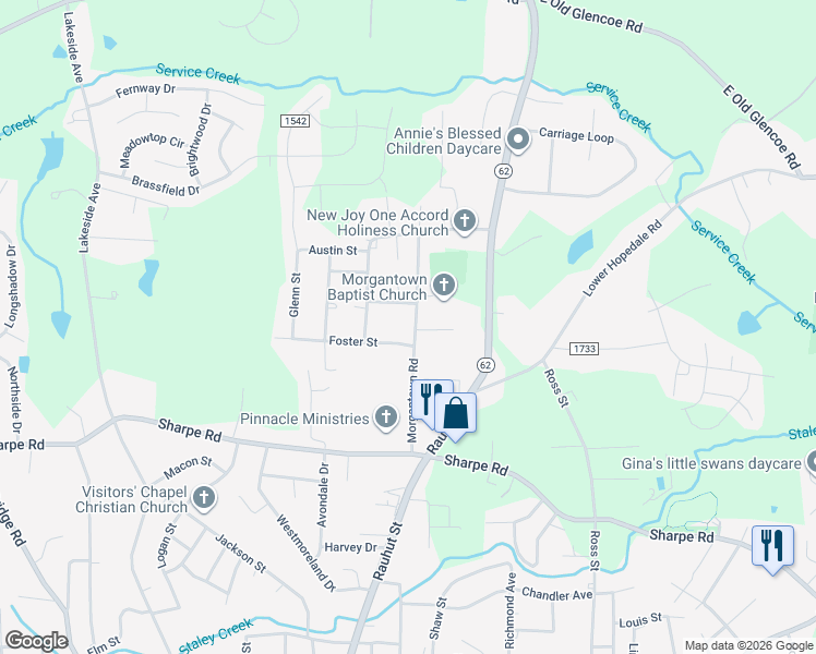 map of restaurants, bars, coffee shops, grocery stores, and more near 1607 Morgantown Road in Burlington