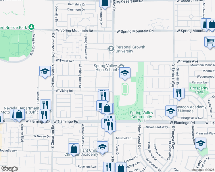 map of restaurants, bars, coffee shops, grocery stores, and more near 7842 Nookfield Drive in Las Vegas