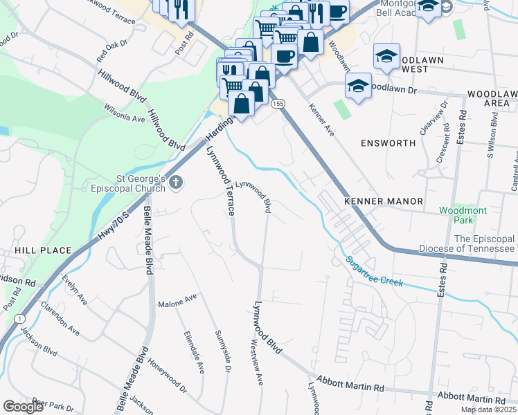 map of restaurants, bars, coffee shops, grocery stores, and more near 201 Lynnwood Boulevard in Nashville