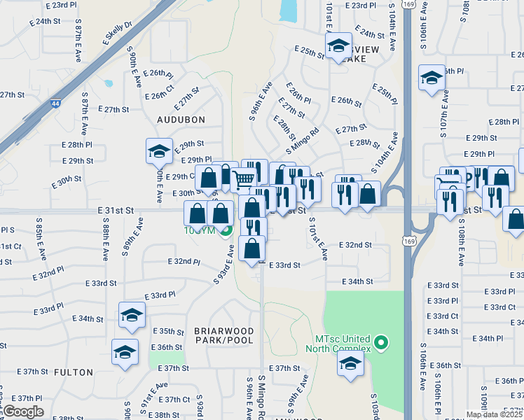map of restaurants, bars, coffee shops, grocery stores, and more near S Mingo Rd & E 31st St in Tulsa