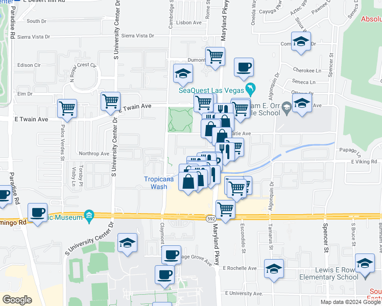 map of restaurants, bars, coffee shops, grocery stores, and more near 3823 Maryland Parkway in Las Vegas