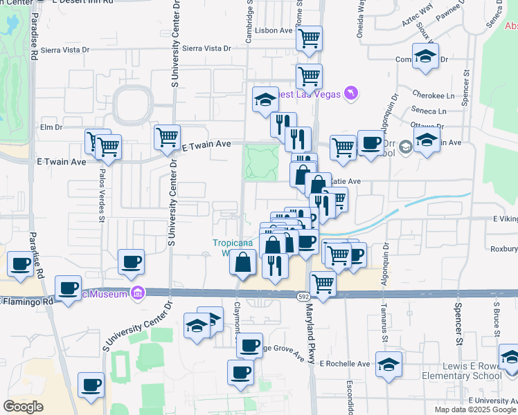 map of restaurants, bars, coffee shops, grocery stores, and more near 3823 South Maryland Parkway in Las Vegas