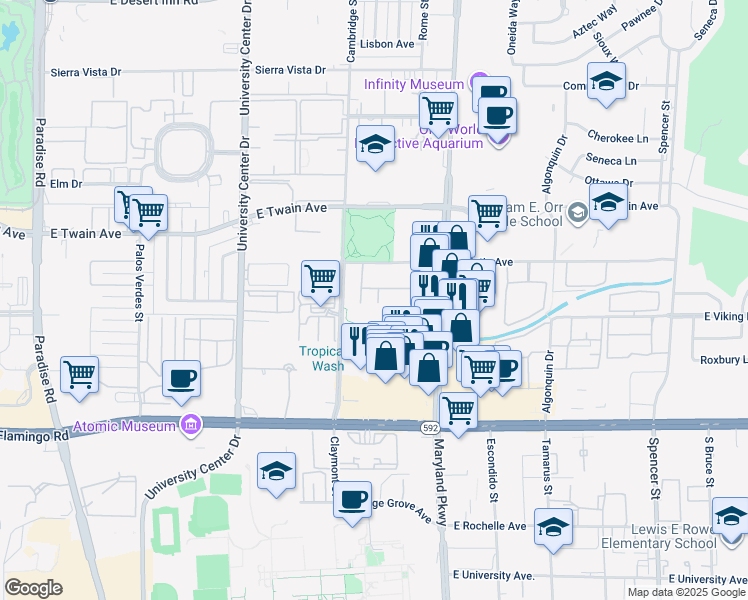 map of restaurants, bars, coffee shops, grocery stores, and more near 3823 South Maryland Parkway in Las Vegas