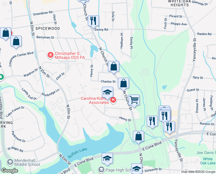 map of restaurants, bars, coffee shops, grocery stores, and more near 225 Bond Street in Greensboro