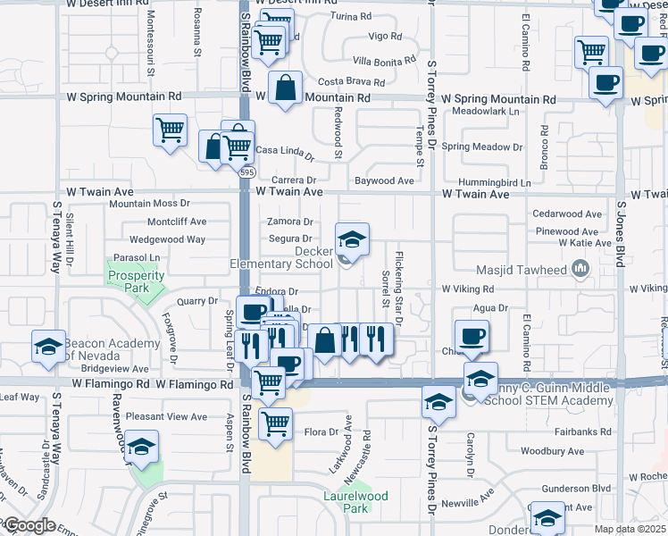 map of restaurants, bars, coffee shops, grocery stores, and more near 3857 Redwood Street in Las Vegas