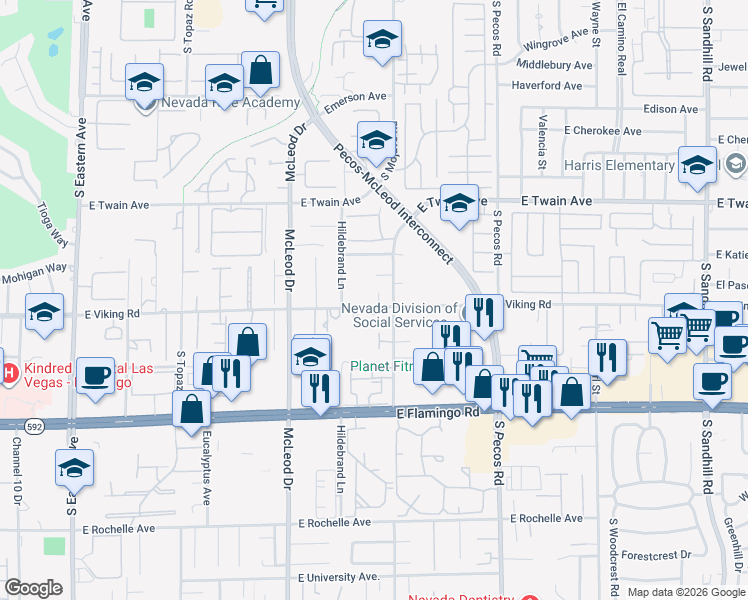 map of restaurants, bars, coffee shops, grocery stores, and more near 3935 South Mojave Road in Las Vegas