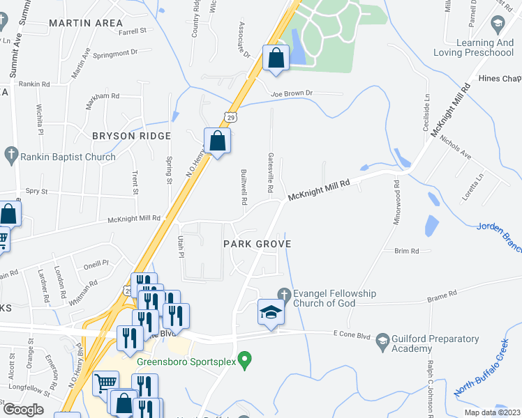 map of restaurants, bars, coffee shops, grocery stores, and more near 1908 McKnight Mill Road in Greensboro