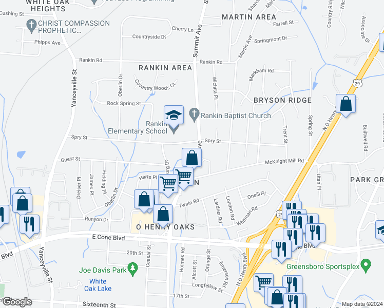 map of restaurants, bars, coffee shops, grocery stores, and more near 3221 Summit Avenue in Greensboro