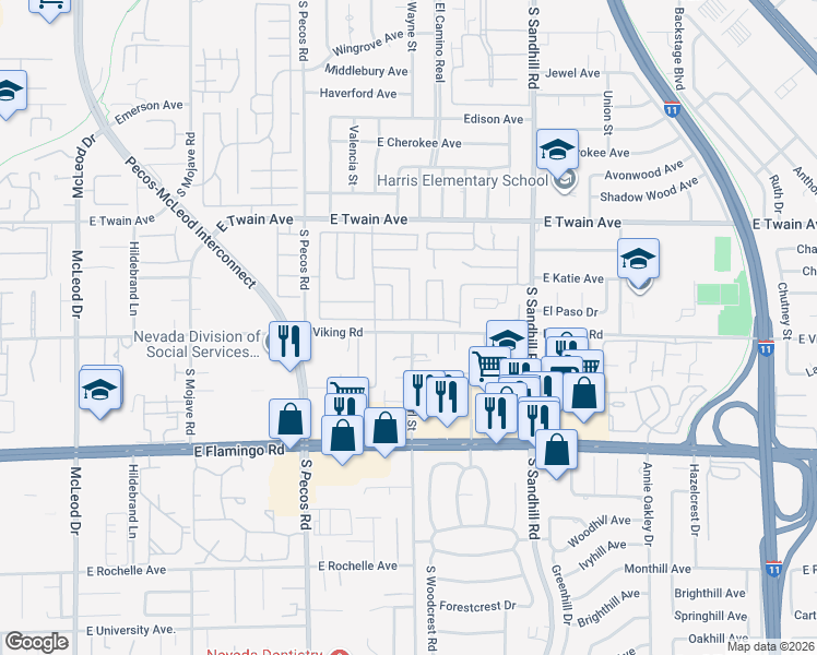 map of restaurants, bars, coffee shops, grocery stores, and more near 3920 South Pearl Street in Las Vegas