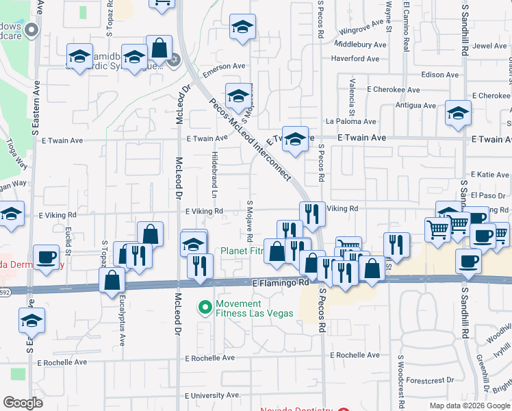 map of restaurants, bars, coffee shops, grocery stores, and more near 3935 South Mojave Road in Las Vegas
