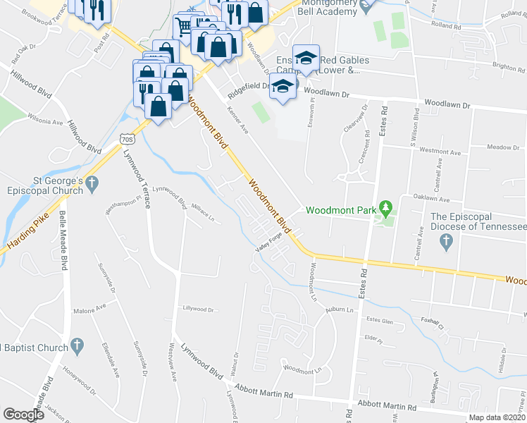 map of restaurants, bars, coffee shops, grocery stores, and more near 58 Revere Park in Nashville