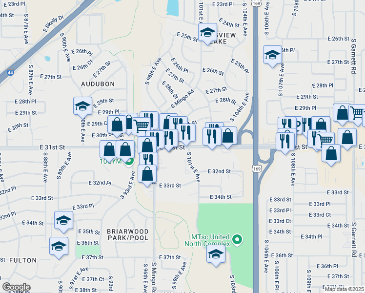 map of restaurants, bars, coffee shops, grocery stores, and more near in Tulsa