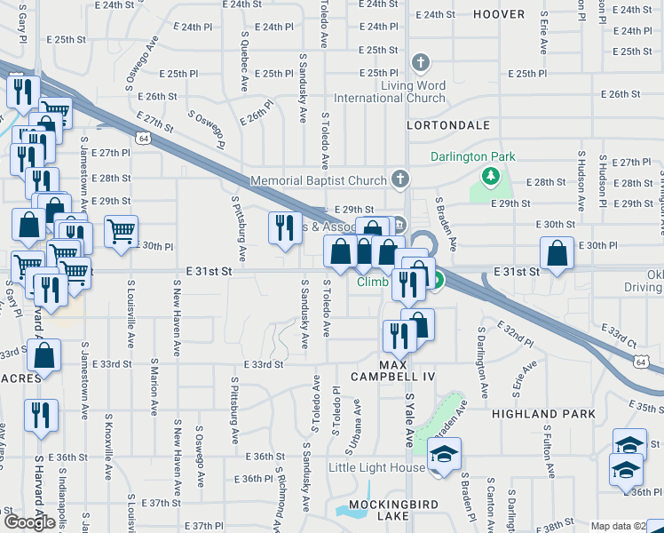 map of restaurants, bars, coffee shops, grocery stores, and more near 3106 South Toledo Avenue in Tulsa