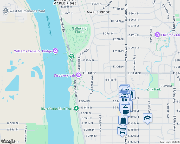 map of restaurants, bars, coffee shops, grocery stores, and more near 3108 South Cincinnati Avenue in Tulsa