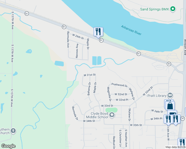 map of restaurants, bars, coffee shops, grocery stores, and more near 3102 Maple Drive in Sand Springs