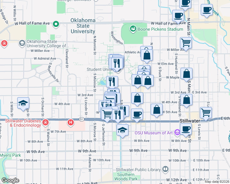 map of restaurants, bars, coffee shops, grocery stores, and more near in Stillwater