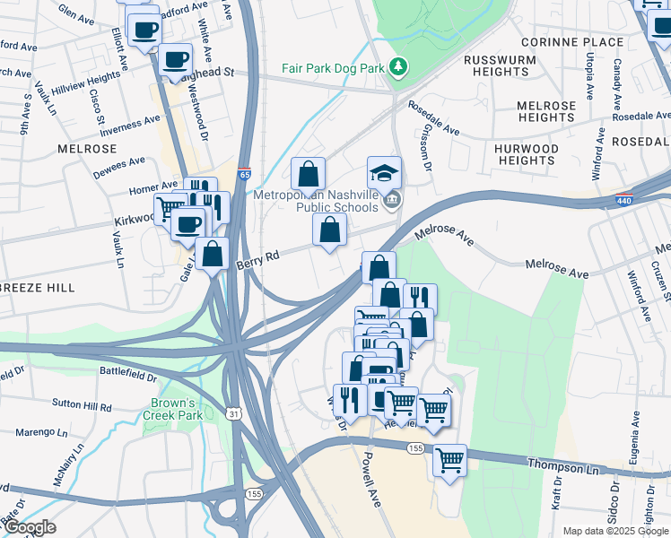 map of restaurants, bars, coffee shops, grocery stores, and more near 2712 Larmon Drive in Nashville