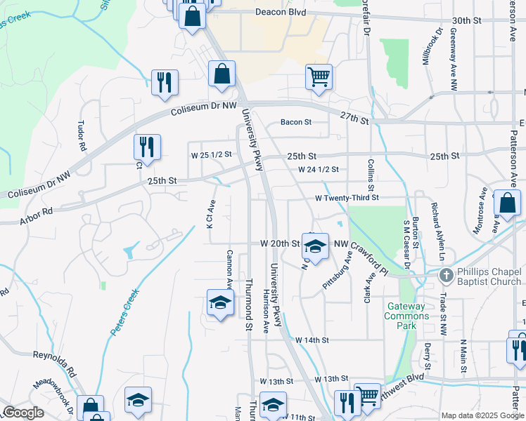 map of restaurants, bars, coffee shops, grocery stores, and more near 2042 Harrison Avenue in Winston-Salem