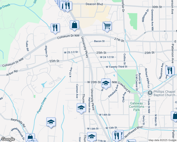 map of restaurants, bars, coffee shops, grocery stores, and more near 2042 Harrison Avenue in Winston-Salem
