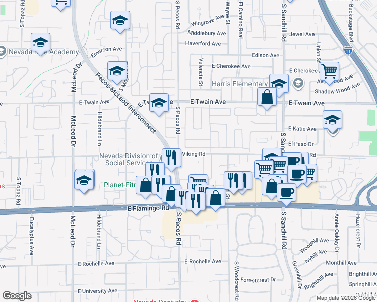 map of restaurants, bars, coffee shops, grocery stores, and more near 3453 Victory Avenue in Las Vegas