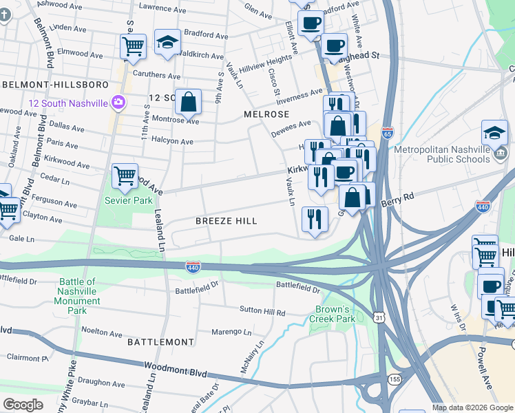map of restaurants, bars, coffee shops, grocery stores, and more near 829B Clayton Avenue in Nashville