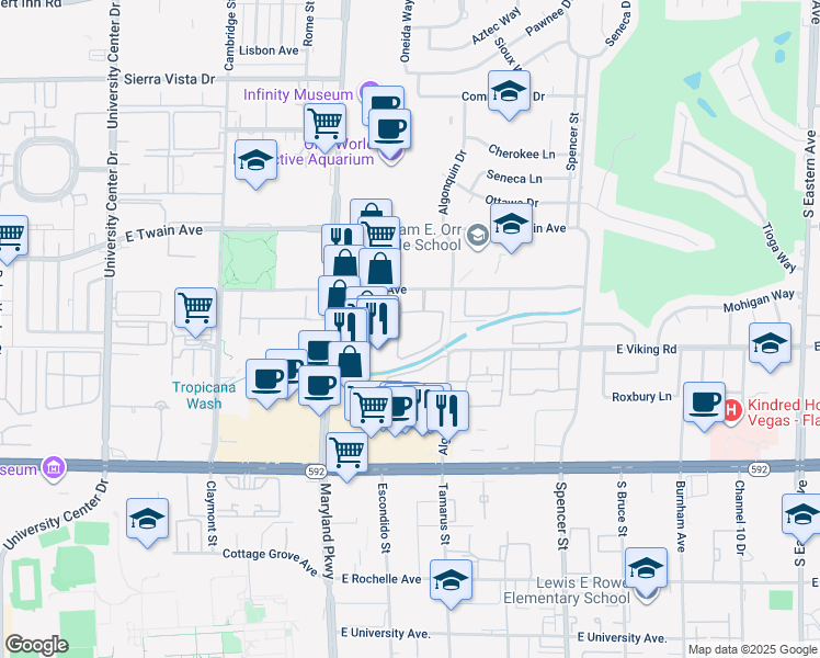 map of restaurants, bars, coffee shops, grocery stores, and more near 1455 East Katie Avenue in Las Vegas