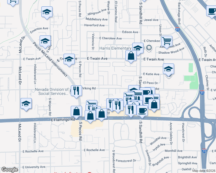 map of restaurants, bars, coffee shops, grocery stores, and more near 3920 South Pearl Street in Las Vegas