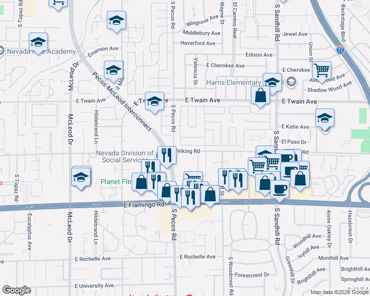 map of restaurants, bars, coffee shops, grocery stores, and more near 3459 Victory Avenue in Las Vegas
