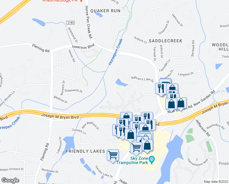 map of restaurants, bars, coffee shops, grocery stores, and more near 4447 Carly's Way in Greensboro
