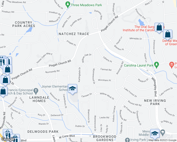 map of restaurants, bars, coffee shops, grocery stores, and more near 2904 Willow Oak Drive in Greensboro