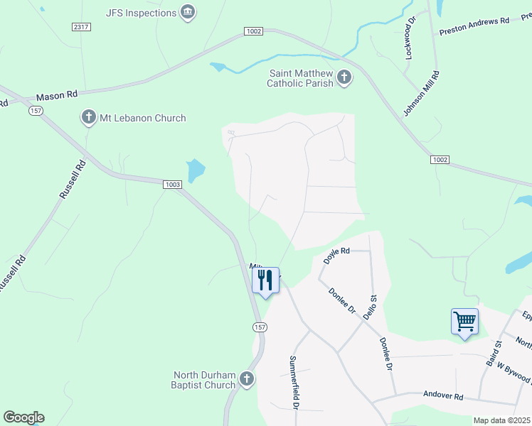 map of restaurants, bars, coffee shops, grocery stores, and more near 6220 Edsel Road in Durham