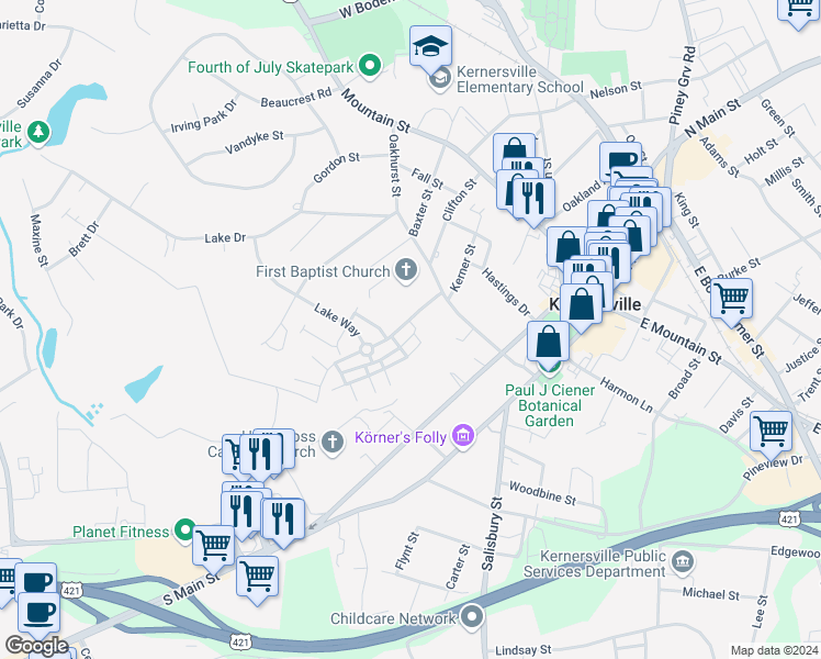 map of restaurants, bars, coffee shops, grocery stores, and more near 1105 Tanner Grove Court in Kernersville
