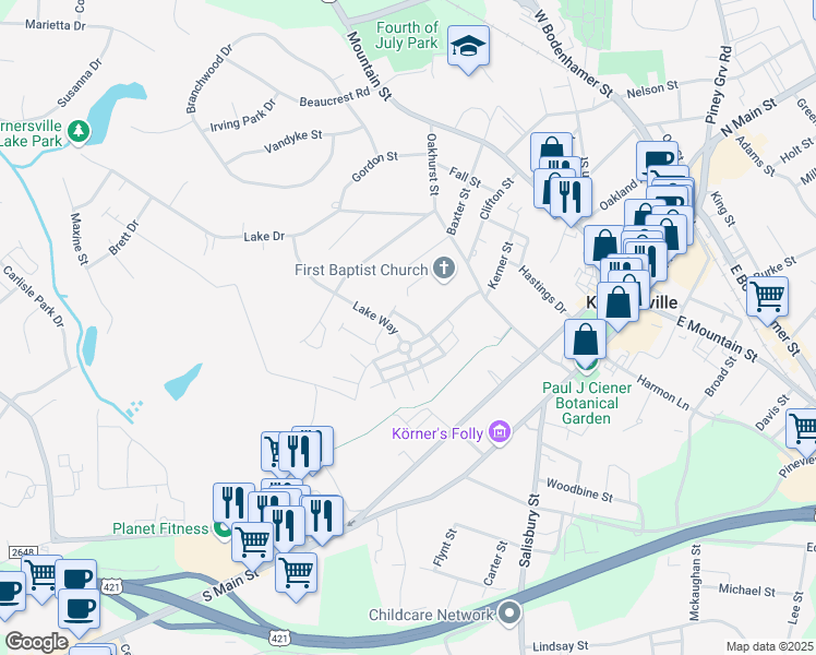 map of restaurants, bars, coffee shops, grocery stores, and more near 705 Geoffrey Way in Kernersville