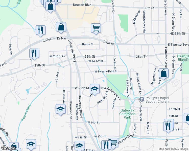 map of restaurants, bars, coffee shops, grocery stores, and more near 2055 Cherry Street in Winston-Salem