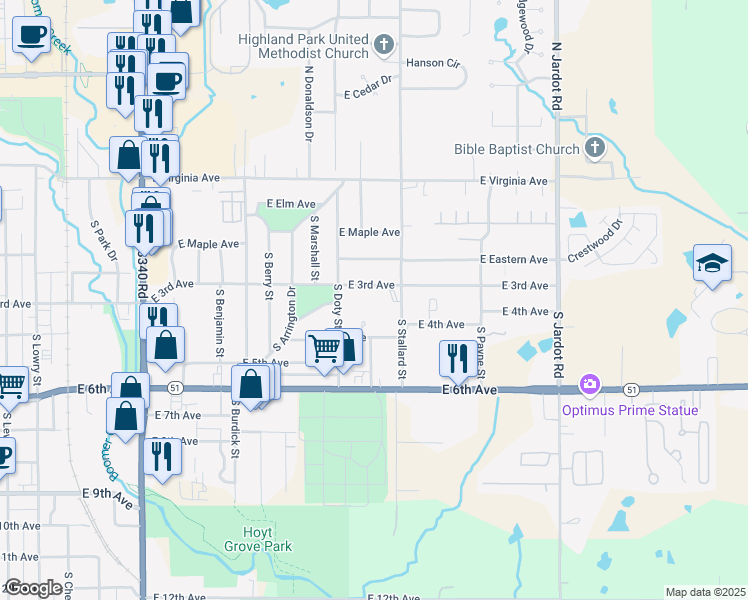 map of restaurants, bars, coffee shops, grocery stores, and more near 316 South Stallard Street in Stillwater