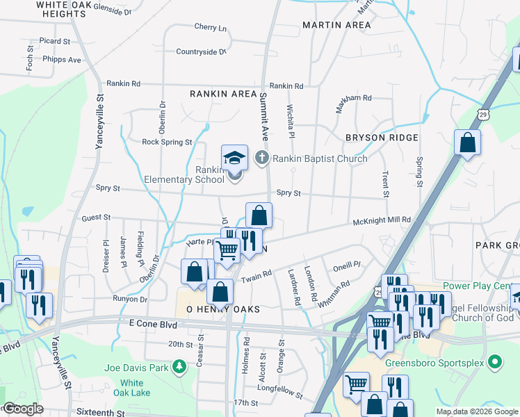 map of restaurants, bars, coffee shops, grocery stores, and more near 1600 Rankin King Drive in Greensboro