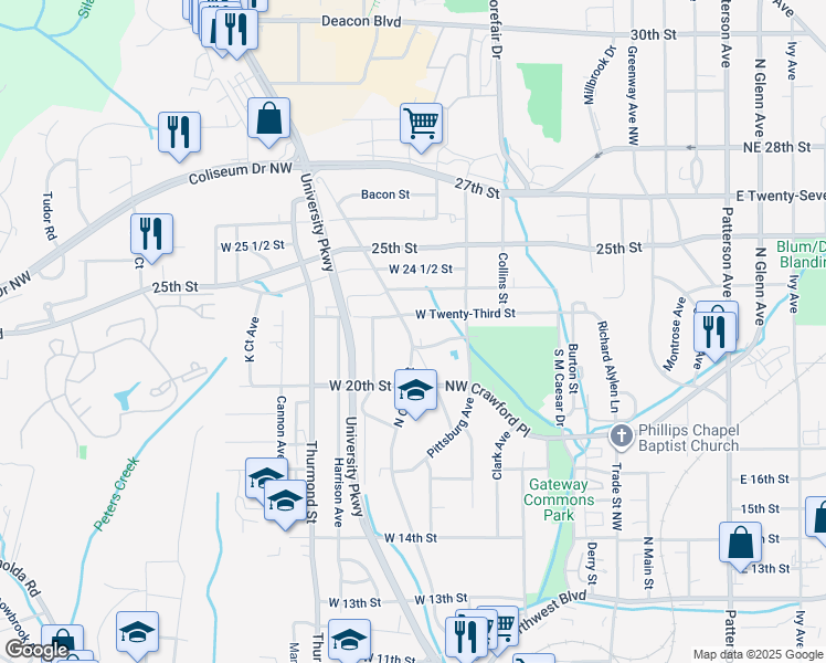 map of restaurants, bars, coffee shops, grocery stores, and more near 2055 Cherry Street in Winston-Salem