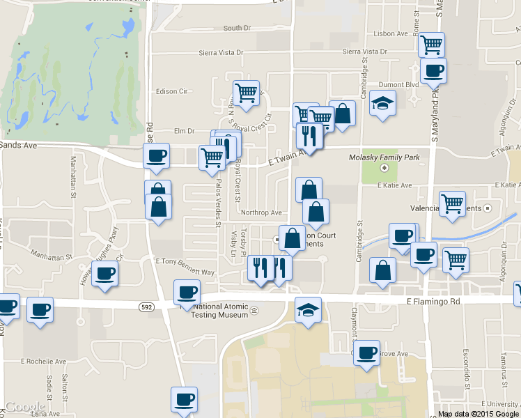 map of restaurants, bars, coffee shops, grocery stores, and more near 721 Northrop Avenue in Las Vegas