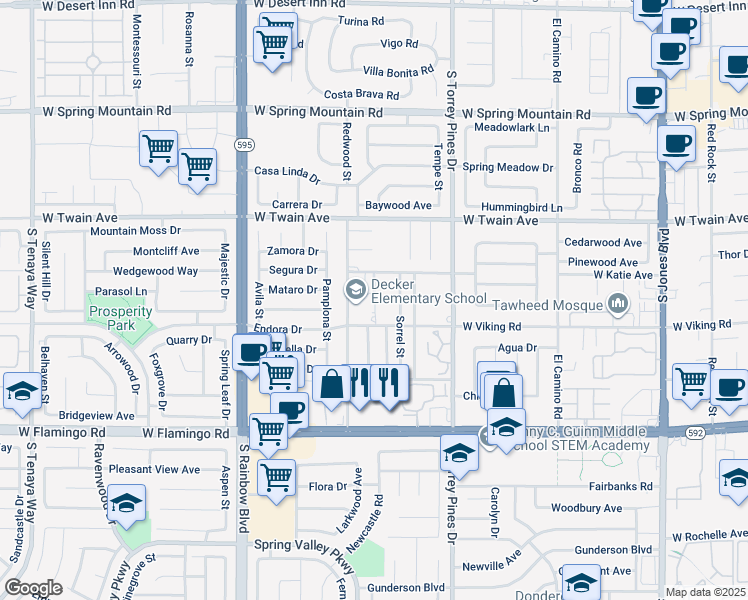 map of restaurants, bars, coffee shops, grocery stores, and more near 3850 Redwood Street in Las Vegas