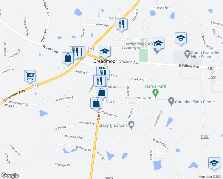 map of restaurants, bars, coffee shops, grocery stores, and more near 103 West Lyon Street in Creedmoor