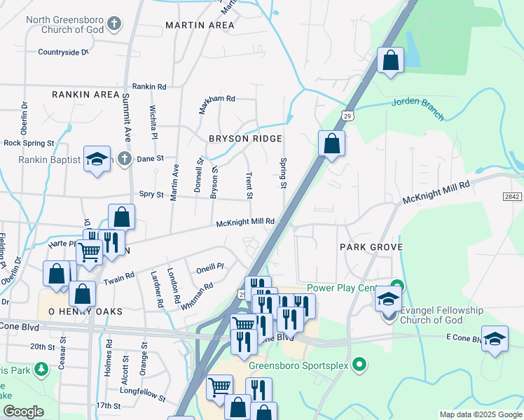 map of restaurants, bars, coffee shops, grocery stores, and more near 1740 McKnight Mill Road in Greensboro