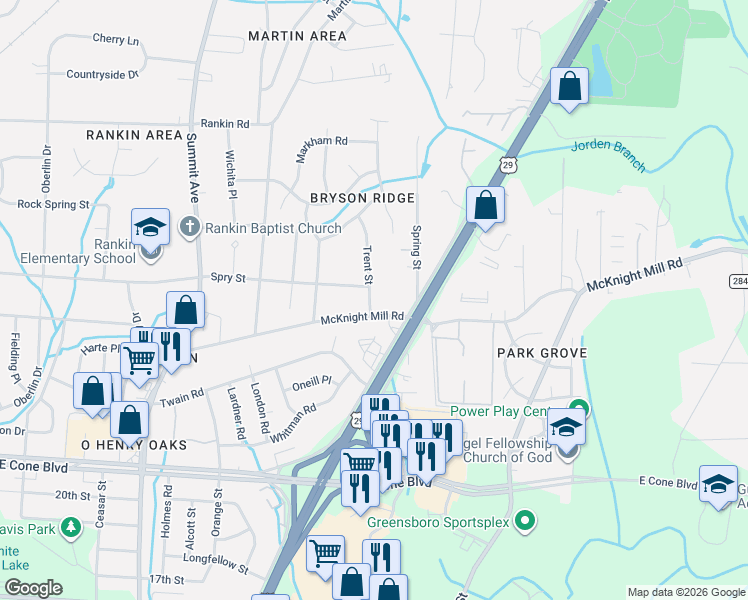 map of restaurants, bars, coffee shops, grocery stores, and more near 1740 McKnight Mill Road in Greensboro